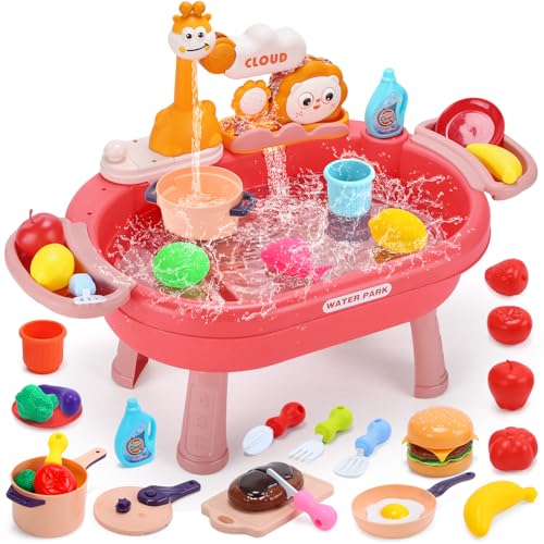 CUTE STONE Cuisine Jouet avec évier et Eau Courante, Table d'eau, Robinet Fonctionnel, Aliments factices, casseroles et poêles, Accessoires de Cuisine,...