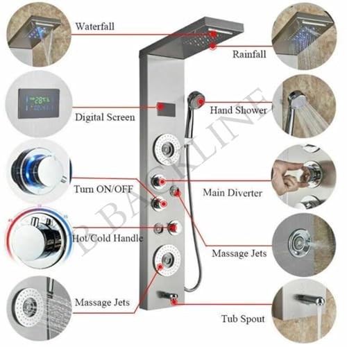 Image of Shower Panels For Bathroom 7 in 1 Multifunction With 5 Function Hand Shower, SS304 Grade, Shower System With LED Rainfall Shower, Hot & Cold Water Adjustable, Massage Spray & Water Spout