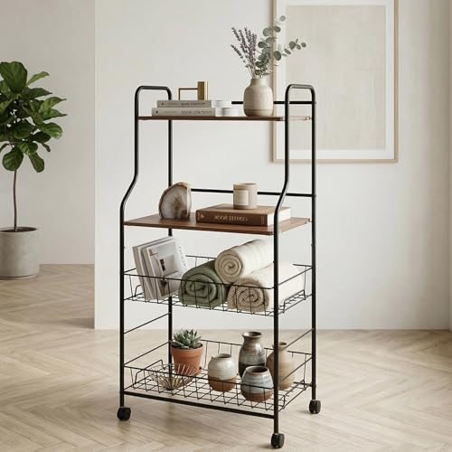 Image of Lukzer 4-Tier Kitchen Storage Rack & Microwave Oven Stand with Wheels Engineered Wood Shelf & Metal Wire Basket Rolling Cart for Kitchen Pantry & Home Organizer (Black & Oak Brown /41x56x126cm) CH-092