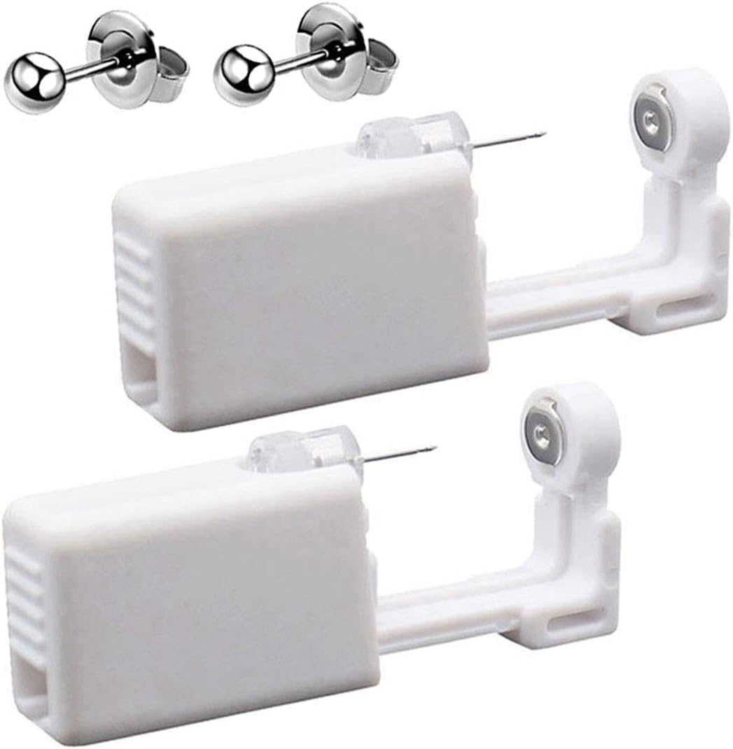2 Pack Self Ear Piercing Gun Earrings Kit Tool Stud Safety Portable Nose Piercing Kit with Earring Studs for Women (Silver)