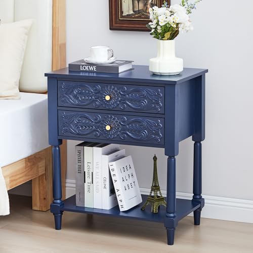 Sylphorium Nightstand, Farmhouse Bedside Table with 2 Drawers and Open Shelf, Wood Sofa Side Table End Table Accent Dresser for Bedroom, Living Room (with Shelf, Blue)