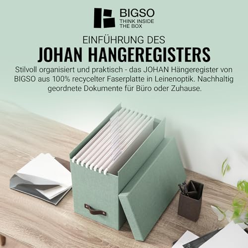 Bigso Box of Sweden JOHAN Pudełko z pokrywką – stylowe pudełko archiwalne z 8 zawieszanymi skoroszytami – pudełko na teczki wiszące z płyty pilśniowej i papieru o stylowym wyglądzie lnu, miętowa