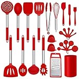 Picture of LIANYU 27 PCS Kitchen Utensils Set with Holder, Silicone Cooking Utensils Spatula Set with Stainless Steel Handle, Kitchen Cooking Gadgets Tools for Nonstick Cookware Set, Heat Resistant, Red