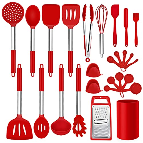 LIANYU 27 PCS Kitchen Utensils Set with Holder, Silicone Cooking Utensils Spatula Set with Stainless Steel Handle, Kitchen Cooking Gadgets Tools for Nonstick Cookware Set, Heat Resistant, Red