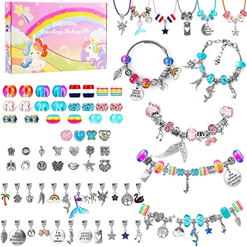 LauCentral Cadeau Fille 5-12 Ans, Enfant Jouet, Pandora Bracelet Bijoux Enfants Fille, Charms Bracelet Kit Fabrication Creation Bijoux, Kit Créatif, Idée Cadeau(73 Pièce)