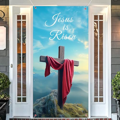 Jesus Christ Cross Door Cover Banner Cross on The Mountain Top Sunrise Sky Front Door Decorations Background He is Risen Holy Light Jesus Resurrection Christian Easter Church Party Decor