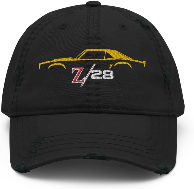 First Gen 1967 1968 1969 Chevy Camaro Z28 Yellow Outline Silhouette Embroidered Cap for Classic Car Owners Distressed Dad Hat