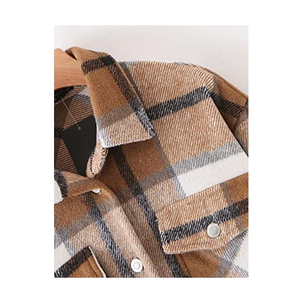 Tanming-Womens-Brushed-Flannel-Plaid-Lapel-Button-Short-Pocketed-Shacket-Shirts-Coats Tanming Womens Brushed Flannel Plaid Lapel Button Short Pocketed Shacket Shirts Coats(01 Khaki-M)