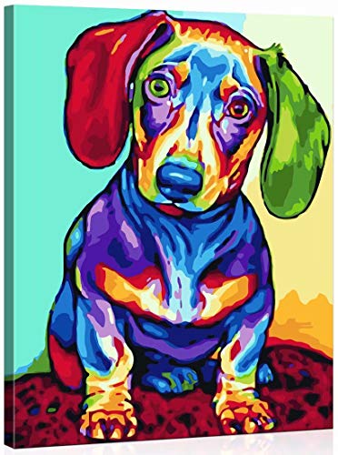 WISKALON Pintar por Numeros para Adultos con Pinceles y Pinturas Pintura de Bricolaje sobre Lienzo para Adultos Niños Principiantes - Perro Colorido 16 * 20 Pulgadas (con Marco de Madera)