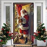 Festive Christmas Santa Claus Door Banner Decorative Polyester Holiday Door Cover with Christmas Tree and Dog, Perfect for Indoor and Outdoor Christmas Decorations 71 x 35in