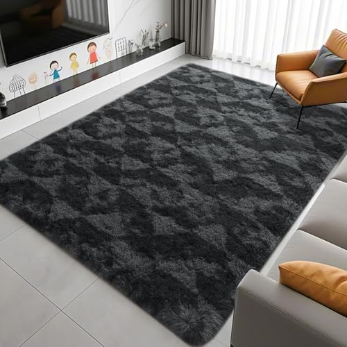 ISEAU 4x6 Area Rug for Living Room, Dark Grey Geometric Pattern Plush Rug for Bedroom, Kitchen, Soft Shaggy Carpets, Fluffy and Machine Washable Mats, Nursery Floors Mat, Boys Room Carpet Decor