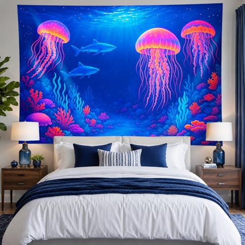 Image of BlissYard Neon Jellyfish Sharks Black Light Tapestry UV Reactive Underwater Ocean Wall Hanging for Living Room Bedroom Dorm Room Bar Party Cool Decor 78x59 Inch