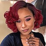 Fancy Hair Ombre Red Short Curly Bob Wig Lace Curled Bob Wigs for Black Women Big Curly Lady Side Part Wigs Synthetic Body Wave Wig for Women(Burgundy Red, 10')