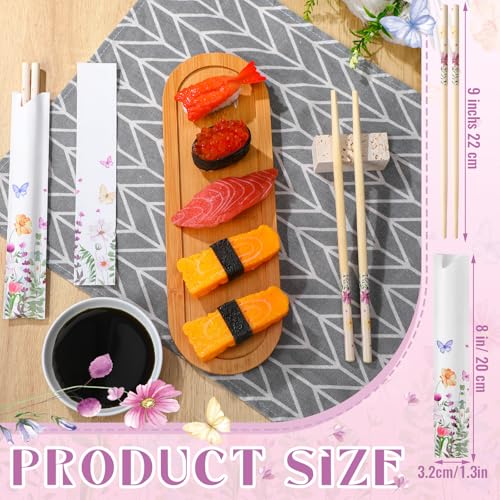 Image of 50 Pairs Wildflower Disposable Bamboo Chopsticks Bulk Sleeved | Cherry Wildflower for Wedding Favors, Asian Takeout, Picnic Party, Catering Restaurant Supply, Paper Wrapped Sleeves