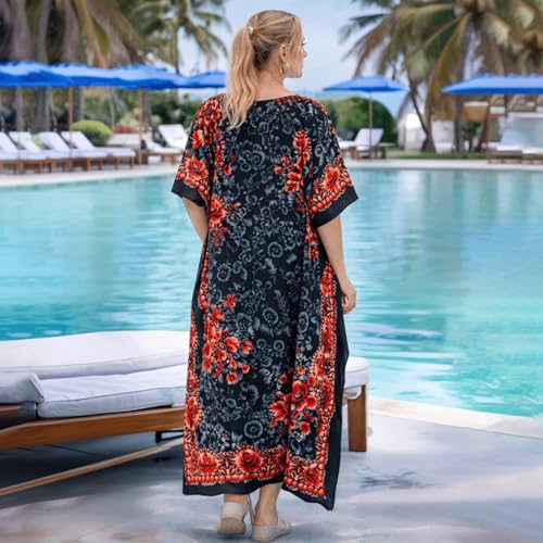 Image of Miss Lavish London Kaftan Dresses for Women Plus Size Long Batwing Sleeve Caftans, V Neck Moo Moo Printed Beach Cover Up Maxi Beach Dress, Bathing Suit Cover-Up Loungewear