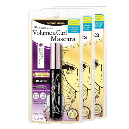 HEROINE MAKE by KISSME Volumizing Mascara Waterproof & Curvy Brush for Eye Makeup | Waterproof Mascara Volume & Length by Defining Fiber for Long-lasting Natural Eyelash Look, from Japan, Black, 3 EA