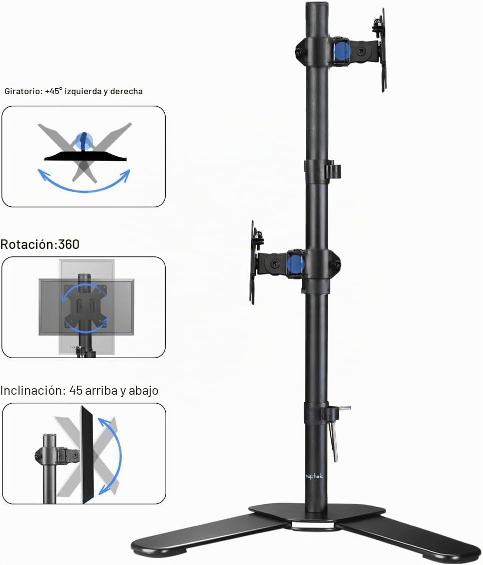 Suptek ML6802 - Soporte de Pantalla para PC, 2 Pantallas de 13 a 27 Pulgadas (Altura 80 cm Ajustable), VESA 75 x 75/100 x 100 mm, inclinación y pivote, pie de Pantalla PC