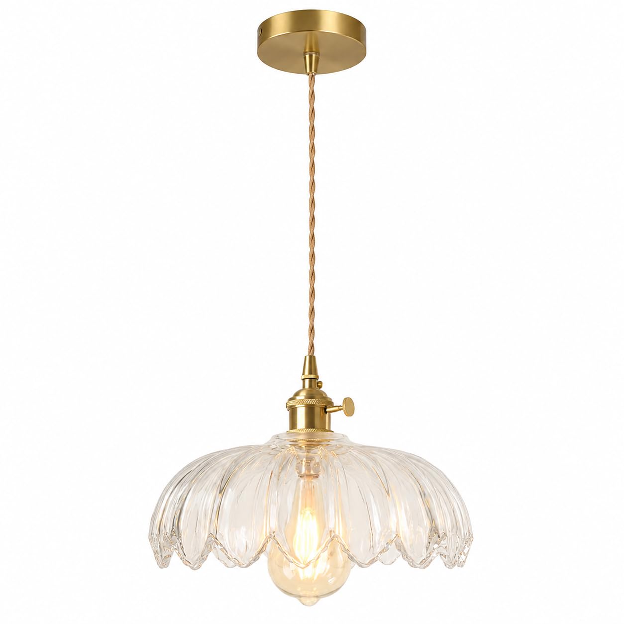 Nicrx Clear 25Cm Industrial Vintage Pendant Lighting Fixture Glass Lotus Lamp Shade Pendant Light Chandelier E27 Brass Finish Ceiling Hanging Lamp (Clear)