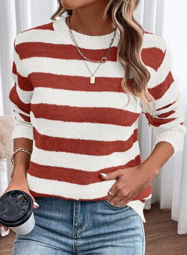 Image of Dokotoo Sweaters for Women 2026 Crewneck Striped Cute Color Block Fall Winter Knitted Pullover Tops