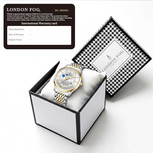 Image of London Fog Baker Collection Analog Quartz Watch for Men, Round World Map Dial with Month Markers & Crystal Accents, Luminous Hands, Stainless Steel Strap - LFM10009
