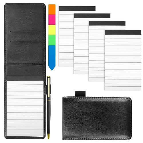 7 Mini Blocco Note A7 Set, SHAIDOJIO Nero in Pelle PU Taccuino Tascabile con 50 Fogli a Righe, Block Notes Piccoli con 4 Libri di Ricambio, 1 Penna in Metallo e 100 Tag Indice per Ufficio-13,8*8,5cm