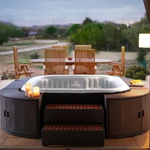 Bagno Italia Estructura de ratán sintético para minipiscinas cuadradas hinchables de 185 cm con 7 muebles y doble escalera Cover