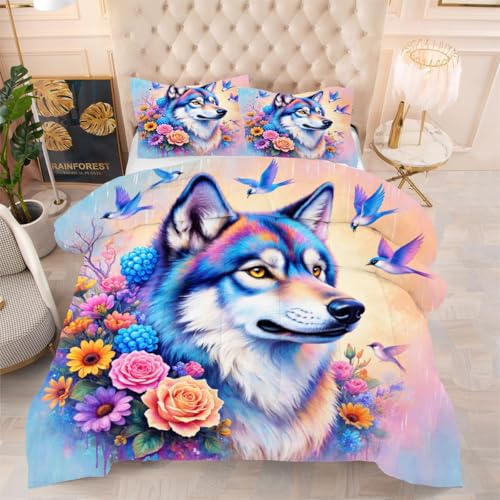 ZZXHG Edredón King Size Estampado 3D | Lobo Colorido, Nórdico Máximo Confort para Camas Grandes, Lavable, Reversible, Incluye 2 Fundas de Almohada 50x75 cm f986