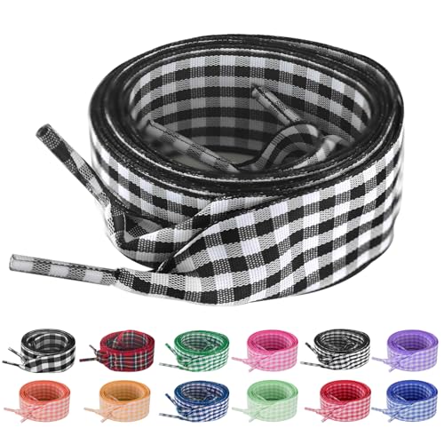 UamGlsob 25MM Gingham Ribbon Shoe Laces Checkered Plaid Satin Fancy Cute Shoelaces Replacement Strings for Women Sneakers (Black 54/140cm)