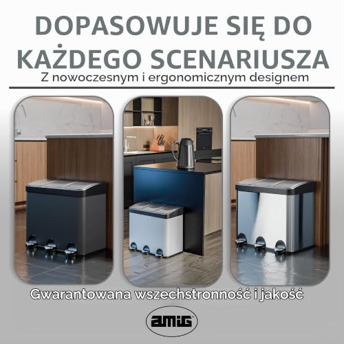 Amig – Potrójny kosz na śmieci z pedałami 45 litrów, 3 wyjmowane przegródki 15 litrów, kosz do recyklingu do kuchni, stal nierdzewna, 60 x 37 x 49 cm, srebrny