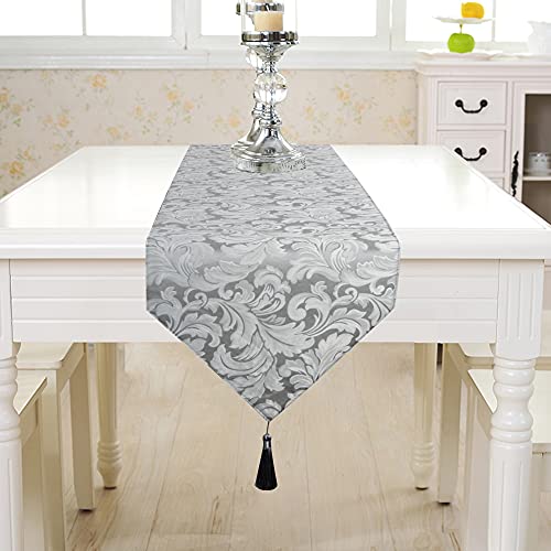 Ehousehome Jacquard Damask Reversible Silver Grey Table Runners With Tassels 13 X 72 Inch Wrinkle And Water Resistant Spill-Proof Decorative Dining And Wedding Runners #TOP5