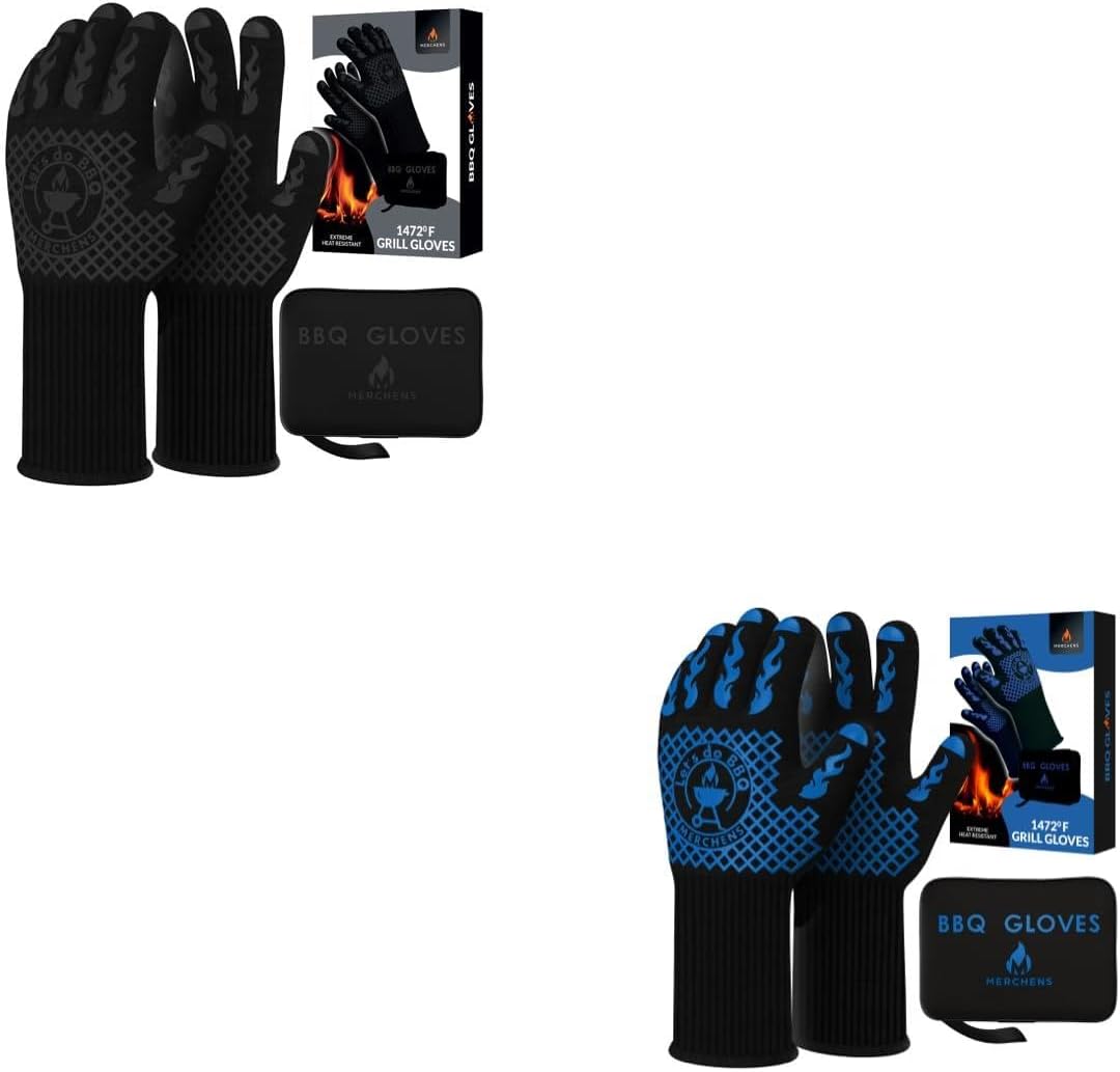2 Packages BBQ Gloves - Heat Resistant Grill, Grilling, and Oven Gloves for Culinary Experts - Extreme Fireproof Protection, Silicone Grip, Extra Long Mitts - Indoor & Outdoor - with Protective case