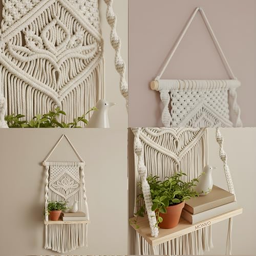 Image of Macrame Wall Hanging Shelf | Boho Decor Floating Wood Shelf with Adhesive Wall Hook | Handmade Cotton Rope Plant Holder for Bedroom, Living Room, Nursery | Size: 30 x 55 cm (Off-White)