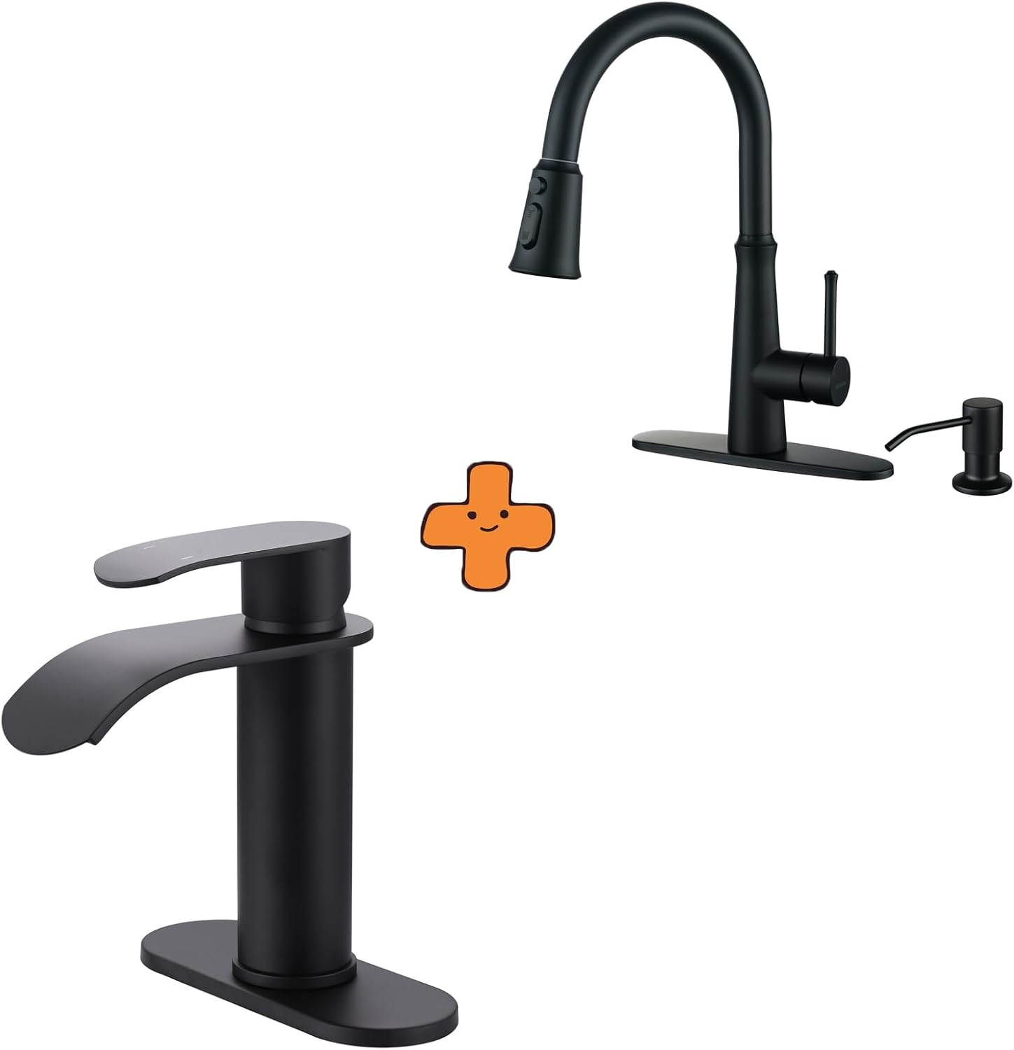 WOWOW Waterfall Bathroom Faucet, Matte Black Bathroom Sink Faucet for 1 Hole or 3 Holes and Kitchen Faucet with Sprayer,Black Single Handle High Arc Stainless Steel Kitchen Faucet Tap