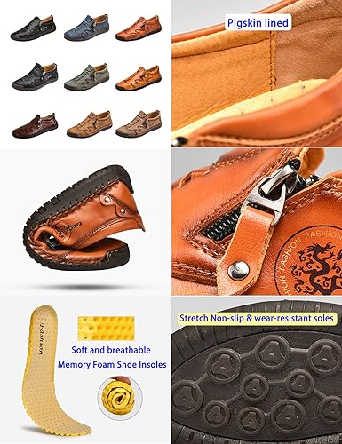 Men's Slip On Loafers Leather Casual Shoes,Lightweight Comfy Vintage Hand-Stitching Zip Driving Walking Sneakers2