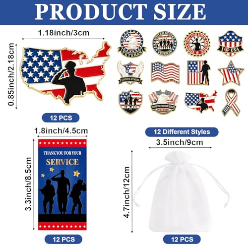 24 Sets 4th of July Pins Bulk 12 Style Patriotic Anniversary Veterans Lapel Pins American Flag Gifts Thank You Cards Organza Bags Appreciation Gifts for Independence Day Military Decorations by party greeting - Used condition - Image 2