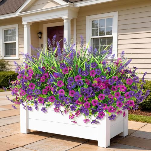 INQCMY Artificial Flowers for Outdoors Spring Summe 14 Bunches UV Resistant Silk Fake Plants Outside Indoor Lavender Ferns for Home Decor Patio Garden Back Yard Front Porch (Red Lotus Deep Purple)