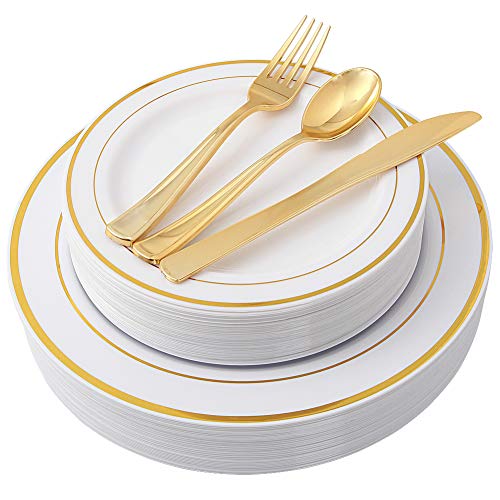 100 Piece Gold Plastic Plates with Gold Silverware, Premium Plastic Dinnerware Set Includes