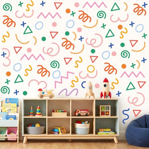 AOWDIAO 200 Pcs Geometric Wall Decals - Peel and Stick Waterproof Vinly Colorful Wall Stickers for Kids Room Playroom and Nursery