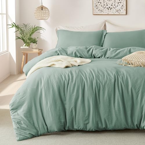 Image of MILDLY Duvet Cover Twin Ultra Soft Comforter Cover Set 2pcs, Sage Green | Washed Microfiber Cotton-Like, Breathable Comfort, Hidden Zipper, Corner Ties, OEKO-TEX Certified, Fade Resistant