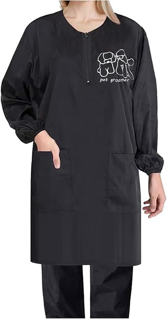Waterproof Pet Grooming Smock with Zipper Long Sleeves Pet Grooming Work Clothes with Two Pockets Dog Cosmetologist
