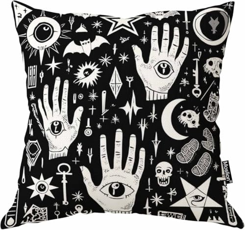 Moslion Throw Pillow Cover Witchcraft 18x18 Inch Magical Style Hand Eyes Moon Skull Cat Bat Snake Key Square Pillow Case Cushion Cover for Home Car Decorative Cotton Linen