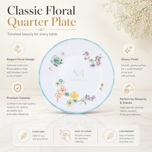 Image of NFI essentials 8 inch Ceramic Quarter Plate with Elegant Blue Floral Design, Premium Serving Plate for Snacks, Desserts, Breakfast & Appetizers, Microwave & Dishwasher Safe