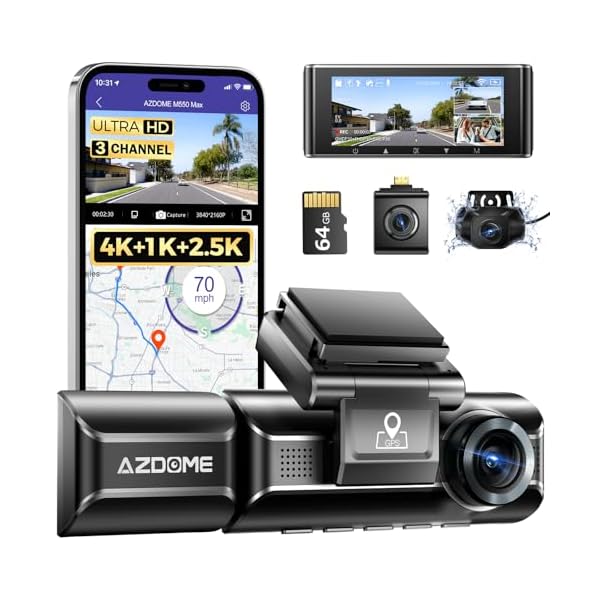 AZDOME M550 Max 4K 3 Channel Dash Cam, 4K+1080P+2.5K Front and Rear Inside Built-in WiFi GPS, 64GB Card Included, Triple Car Camera with 3.19″ Screen, IR Night Vision, WDR, 24H Parking Mode