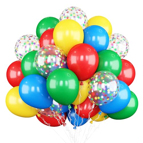 Image of Biapian Red Yellow Blue Balloons, 60PCS Balloon Red and Blue Green, 12 Inch Matte Latex Balloons Colourful Confetti Balloon for Birthday Baby Shower Carnival Circus Party Decoration