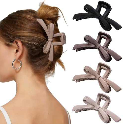 Mesovor 4 Pack Cute Bow Claw Clips Nonslip 4.92 Large Matte Strong Hold Bows Hair Clips for Thin and Thick Hair | Chic Hairclips for Holidays or Everyday Hairstyle (Neutral Matte)