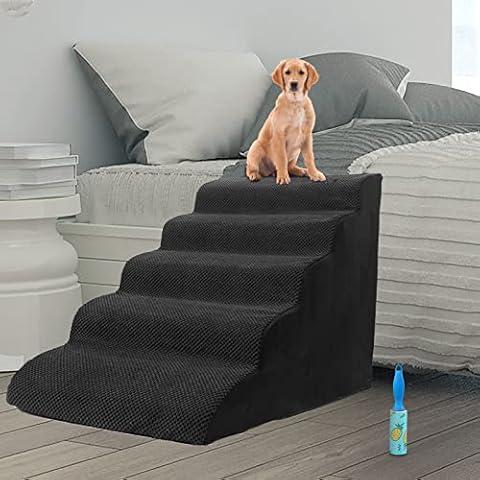 MALOROY Foam Dog Stairs for High Bed, Extra Wide 5 Tiers Dog Ramps, Pet Climbing Ladder is 19.4" Wide, Easy Carry with Sturdy Handle, Non-Slip Pet Step for Older Dogs,Cats, Rabbits -Black Cover