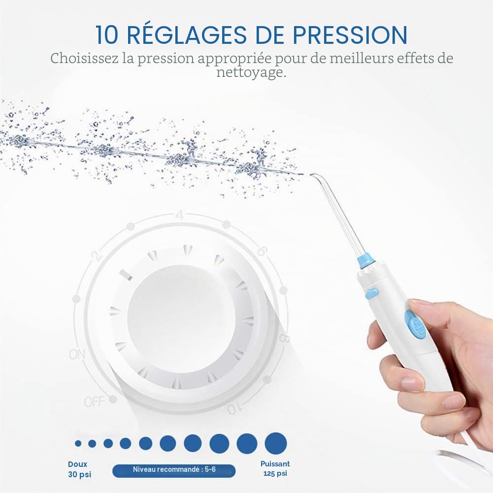 TUREWELL Jet Dentaire Hydropulseur - Avec 8 Buses Multifonctions, 10 Réglages de Pression D'eau, IPX7 Étanche, 600ML Irrigateur Dentaire Pour Les soins Familiaux (Blanc)