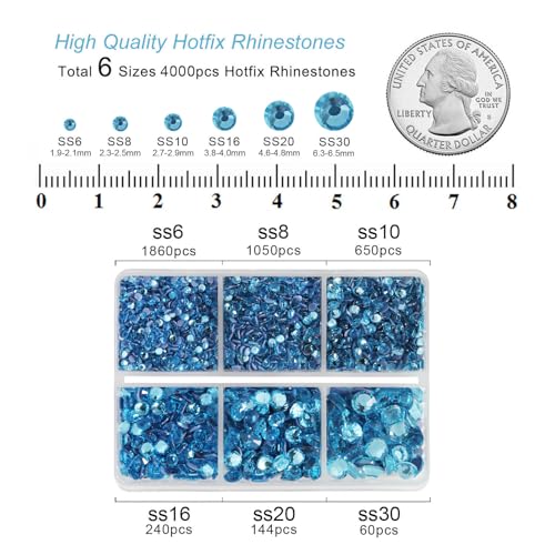 Image of BEADSLAND Hotfix Rhinestones, 4000 PCS Blue Rhinestones for Clothes Crafts Mixed 6 Sizes with Wax Pencil and Tweezers Kit, SS6-SS30, Aquamarine