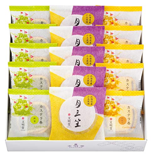 【公式】文明堂 月三笠・カステラ巻15個入HM （どら焼き5個、カステラ巻ハニー5個、抹茶5個） 包装品