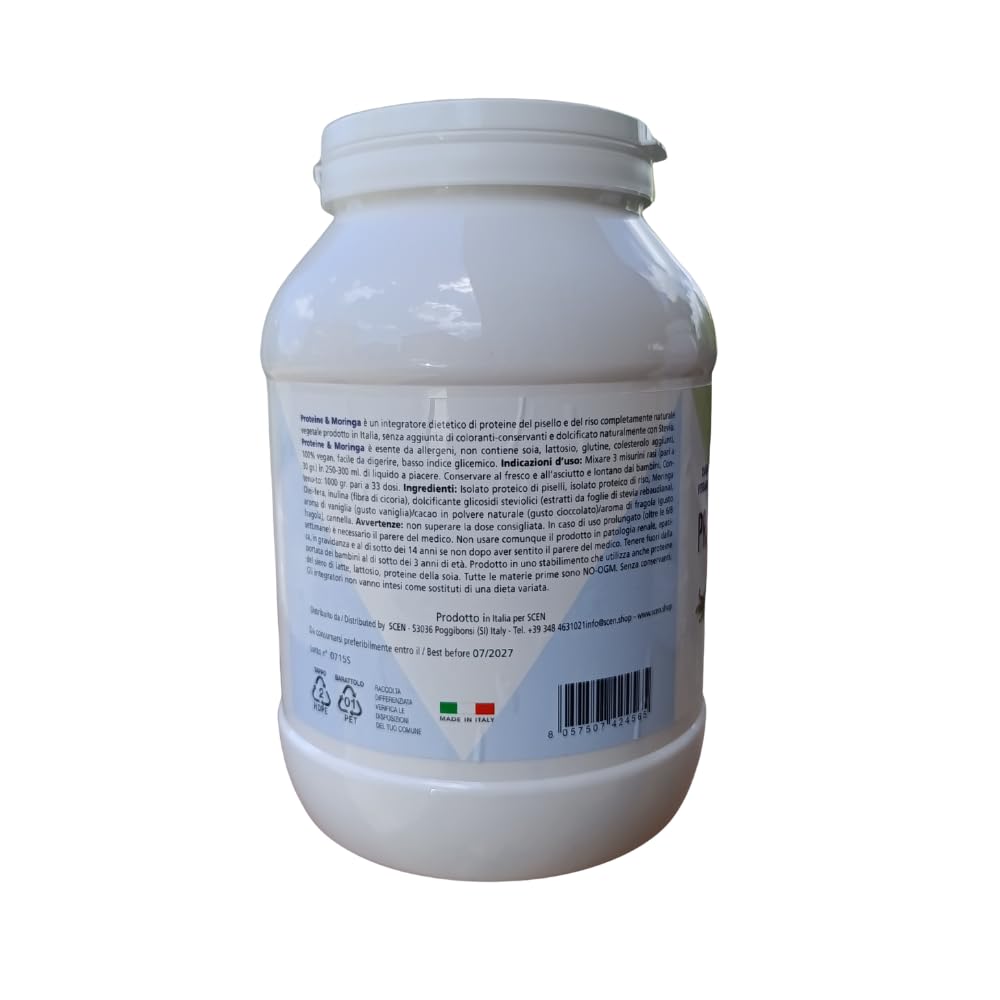Proteine &Moringa Scen 80% Proteine vegetali 80% Raw, vegan, senza zuccheri isolato proteico di pisello e riso aroma vaniglia 1 kg. dolcificato con stevia (1)